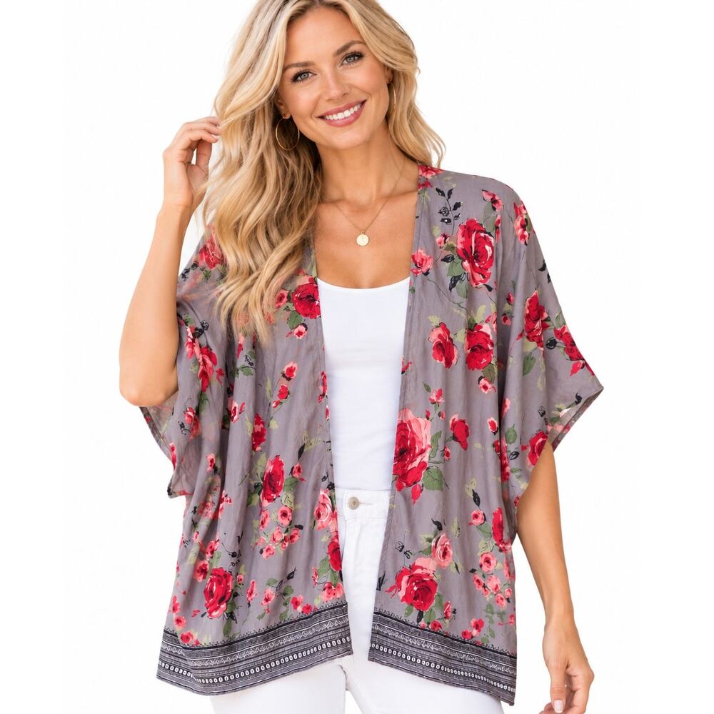 Angie Floral Kimono Womens Large Gray Pink Red Boho Open Boho Cardigan Coverup